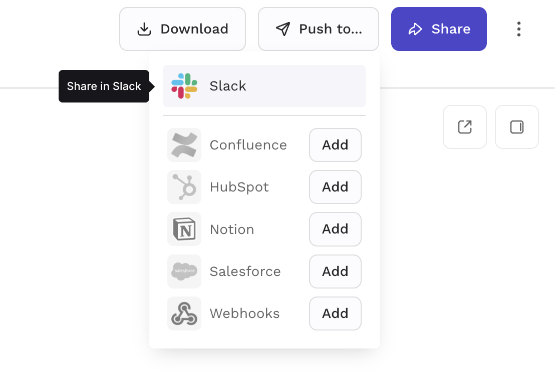 Click the "Push to..." button in the top right of a report and find "Slack"