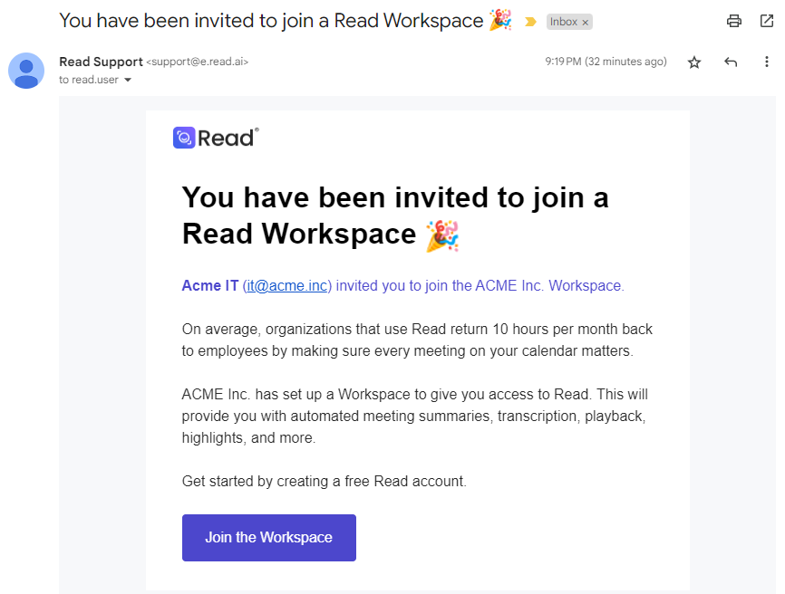 Workspace invitation email