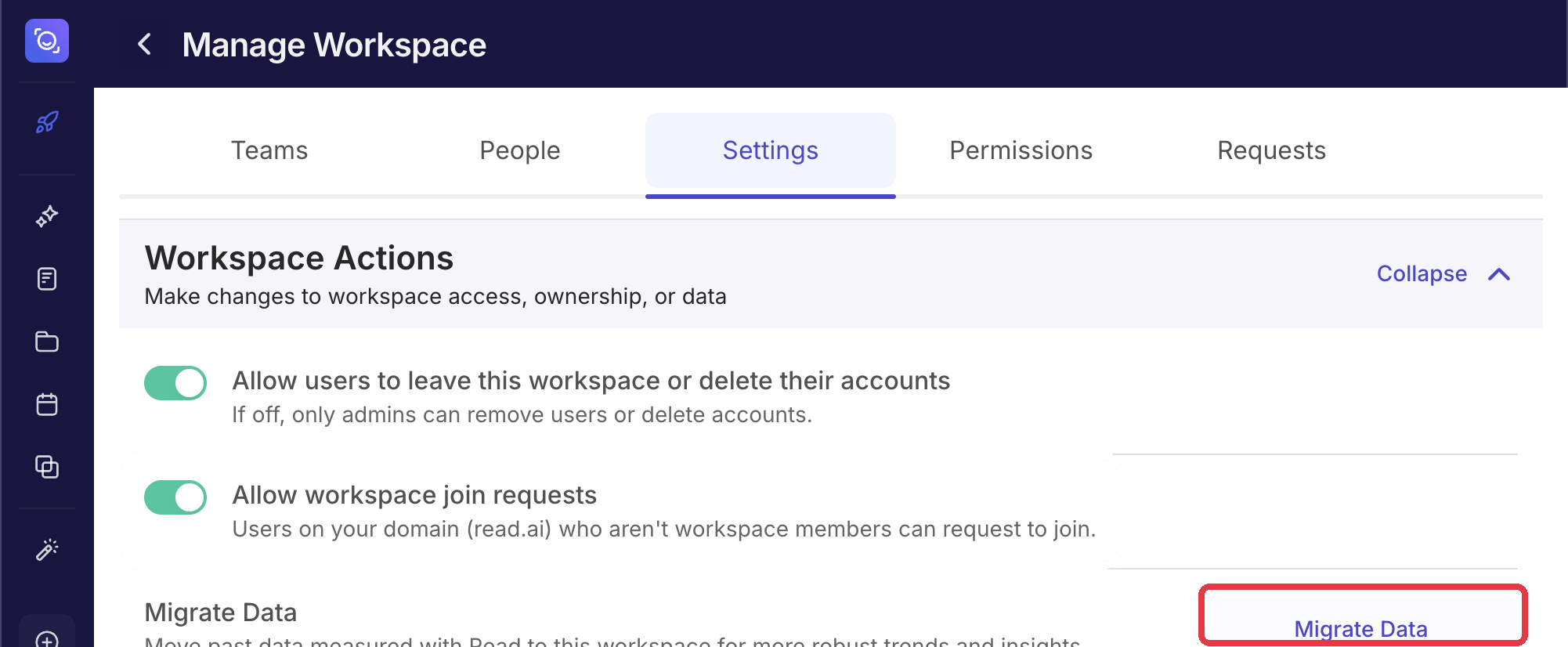 Migrate Data button under Workspace Actions