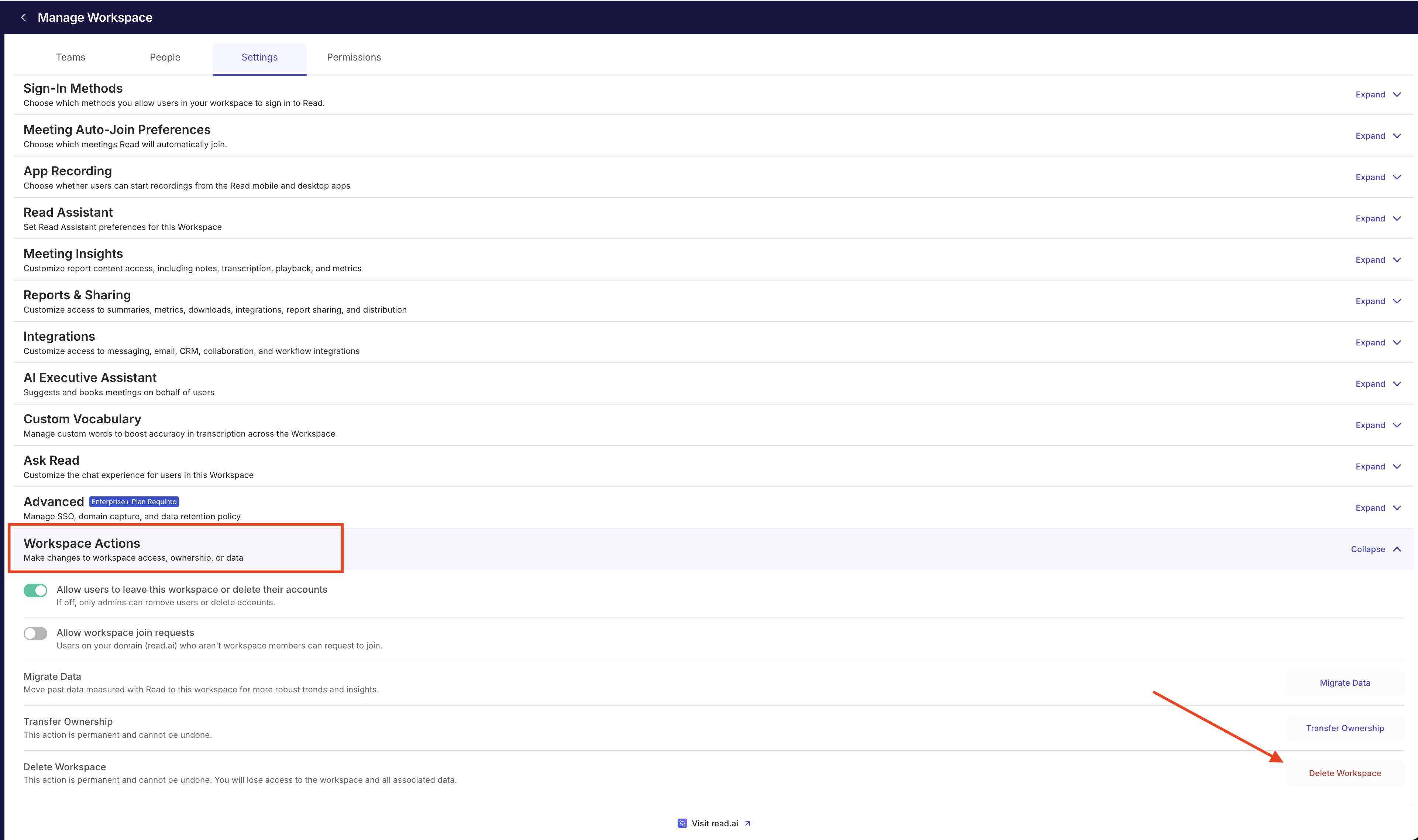 Delete Workspace button under Workspace Actions