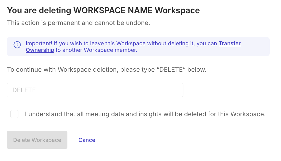 Delete Workspace confirmation window