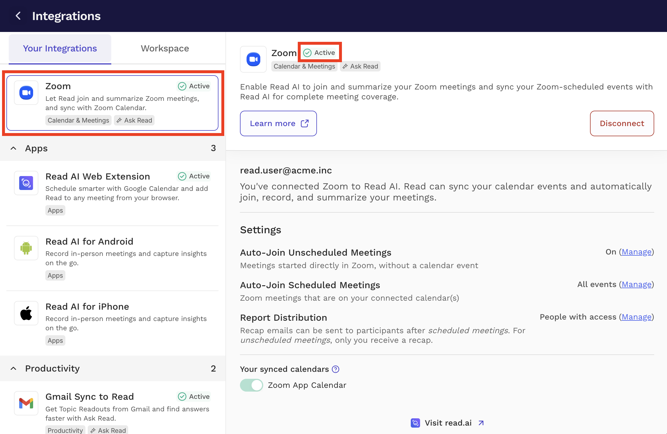 Zoom shown as Active on the Integrations page
